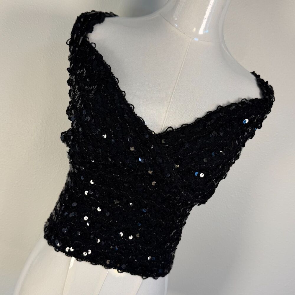 Black Sequin Crop Top Womens Smocked Party Clubwear V Neck S/M